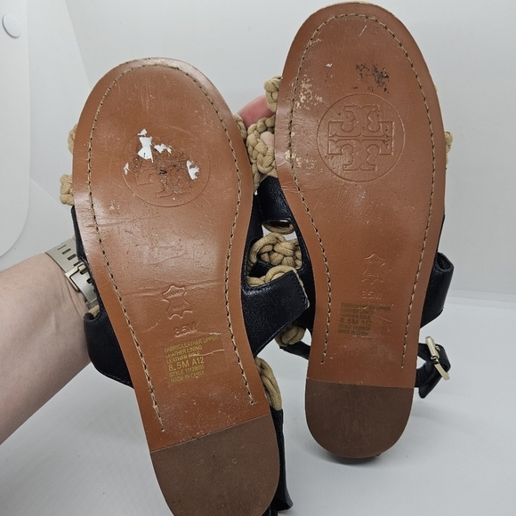 Tory Burch black leather and tan macrame Fleur flat sandals 8.5M - Picture 7 of 9